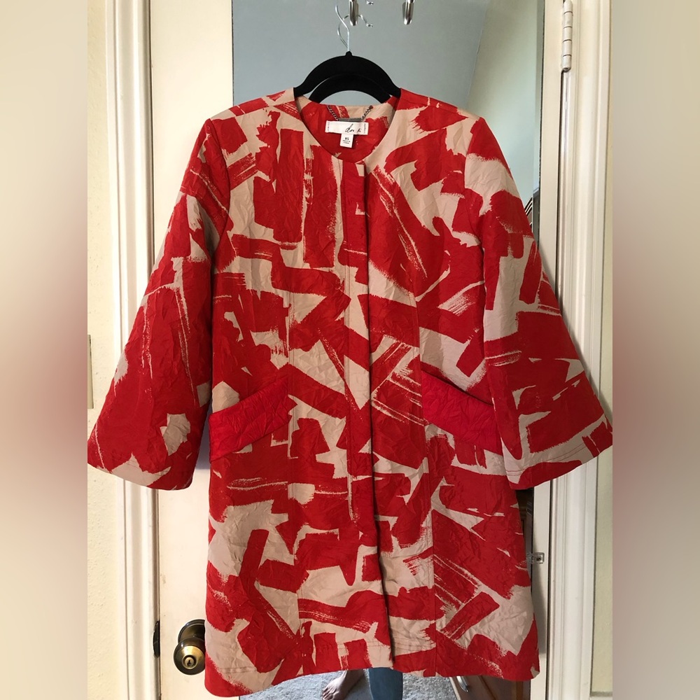 Doo.Ri Jacket Red And Tan Buttons Front Crinkled Abstract Print Coat Size XS